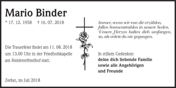 Traueranzeige von Mario Binder  von Magdeburger Volksstimme