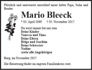 Traueranzeige von Mario Bleeck  von Magdeburger Volksstimme