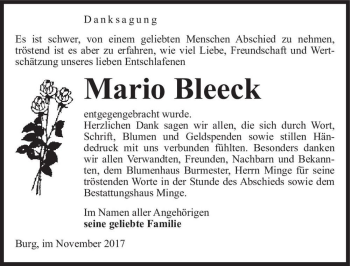 Traueranzeige von Mario Bleeck  von Magdeburger Volksstimme