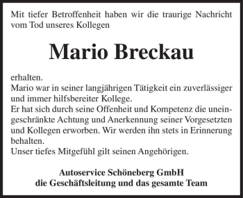Traueranzeige von Mario Breckau  von Magdeburger Volksstimme