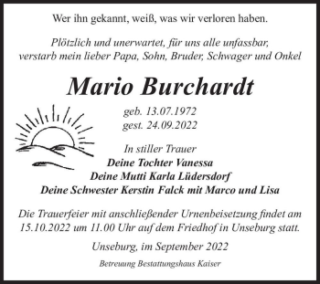 Traueranzeige von Mario Burchardt  von Magdeburger Volksstimme