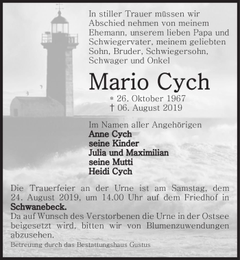 Traueranzeige von Mario Cych  von Magdeburger Volksstimme