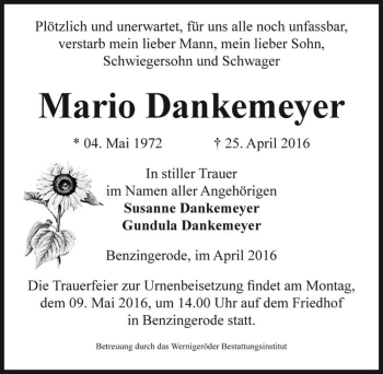Traueranzeige von Mario Dankemeyer  von Magdeburger Volksstimme