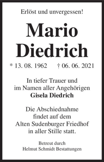 Traueranzeige von Mario Diedrich  von Magdeburger Volksstimme