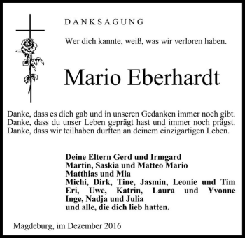 Traueranzeige von Mario Eberhardt  von Magdeburger Volksstimme