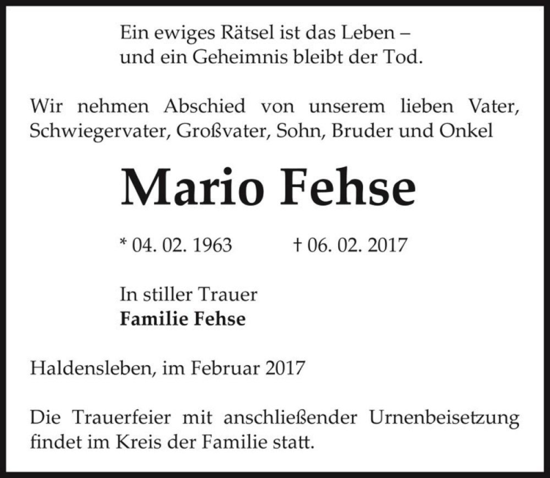  Traueranzeige für Mario Fehse  vom 11.02.2017 aus Magdeburger Volksstimme
