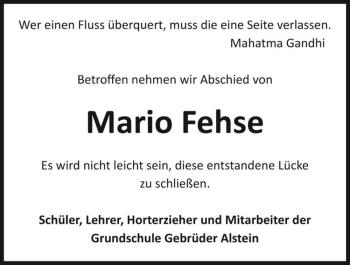 Traueranzeige von Mario Fehse  von Magdeburger Volksstimme