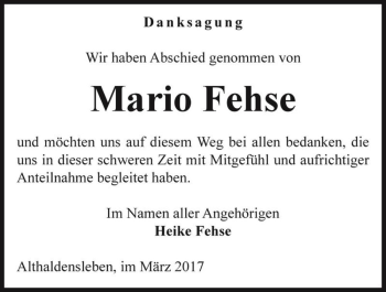 Traueranzeige von Mario Fehse  von Magdeburger Volksstimme