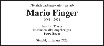 Traueranzeige von Mario Finger  von Magdeburger Volksstimme