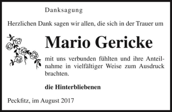 Traueranzeige von Mario Gericke  von Magdeburger Volksstimme