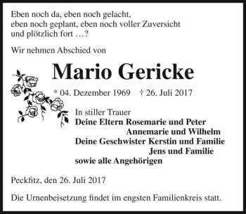 Traueranzeige von Mario Gericke  von Magdeburger Volksstimme