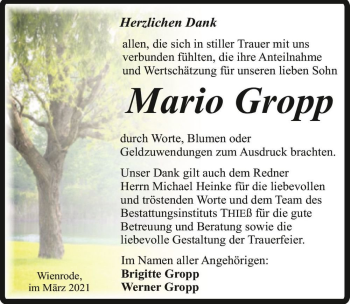 Traueranzeige von Mario Gropp  von Magdeburger Volksstimme