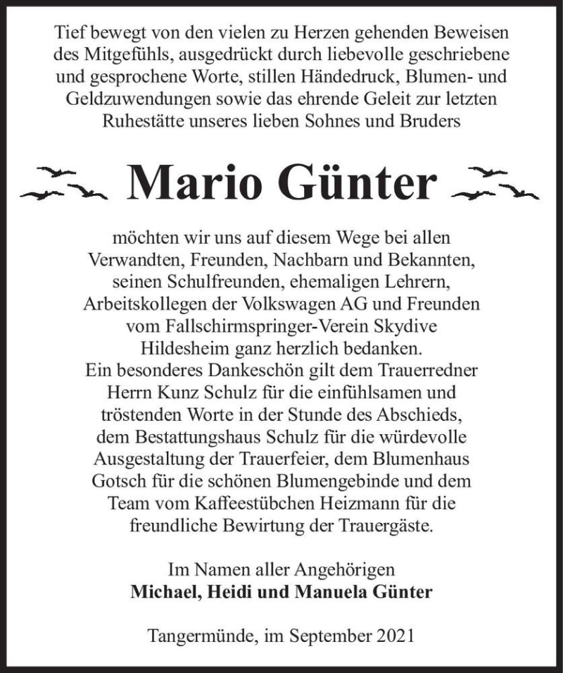  Traueranzeige für Mario Günter  vom 03.09.2021 aus Magdeburger Volksstimme
