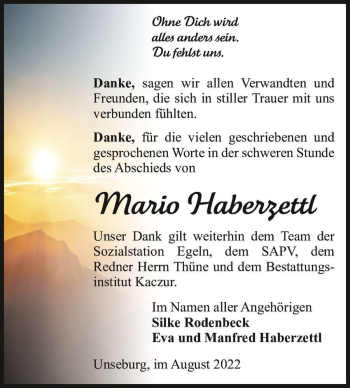 Traueranzeige von Mario Haberzettl  von Magdeburger Volksstimme
