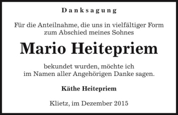 Traueranzeige von Mario Heitepriem  von Magdeburger Volksstimme