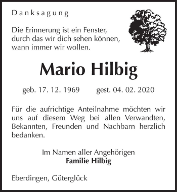 Traueranzeige von Mario Hilbig  von Magdeburger Volksstimme