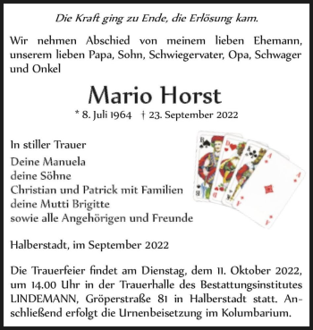 Traueranzeige von Mario Horst  von Magdeburger Volksstimme