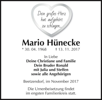 Traueranzeige von Mario Hünecke  von Magdeburger Volksstimme