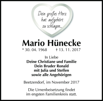 Traueranzeige von Mario Hünecke  von Magdeburger Volksstimme