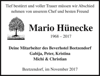 Traueranzeige von Mario Hünecke  von Magdeburger Volksstimme