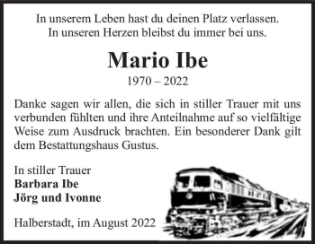Traueranzeige von Mario Ibe  von Magdeburger Volksstimme