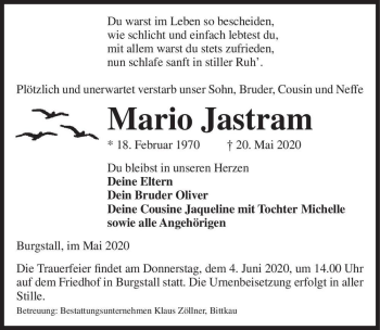 Traueranzeige von Mario Jastram  von Magdeburger Volksstimme