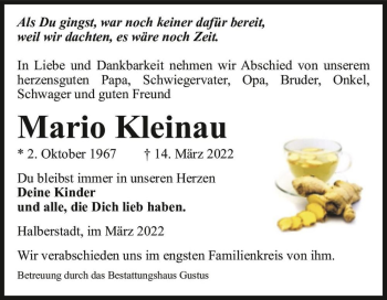 Traueranzeige von Mario Kleinau  von Magdeburger Volksstimme