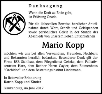 Traueranzeige von Mario Kopp  von Magdeburger Volksstimme