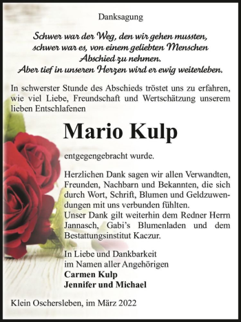 Traueranzeige von Mario Kulp  von Magdeburger Volksstimme