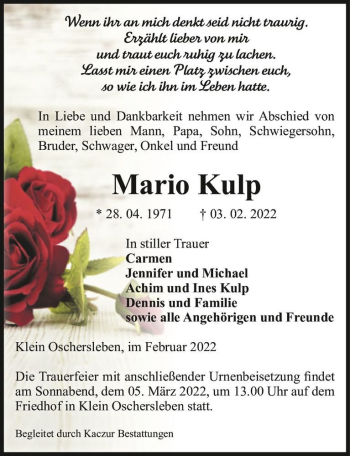 Traueranzeige von Mario Kulp  von Magdeburger Volksstimme