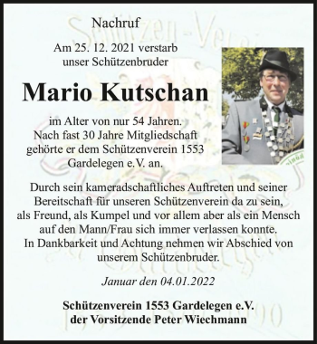 Traueranzeige von Mario Kutschan  von Magdeburger Volksstimme