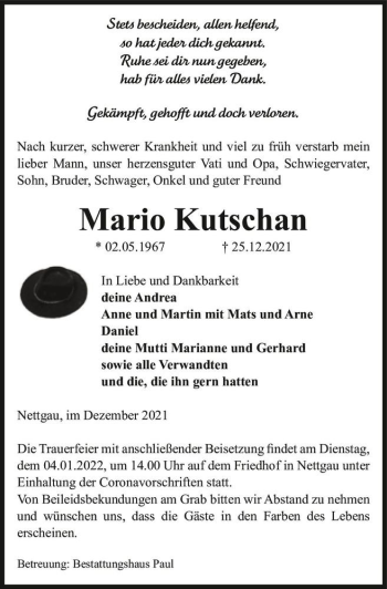 Traueranzeige von Mario Kutschan  von Magdeburger Volksstimme