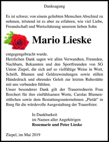Traueranzeige von Mario Lieske  von Magdeburger Volksstimme