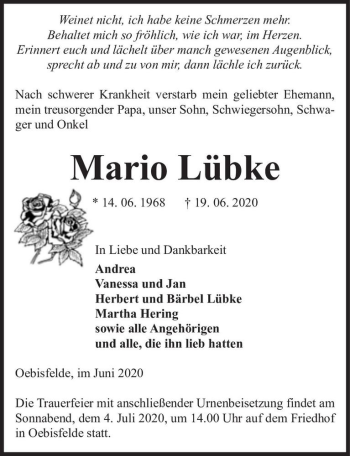 Traueranzeige von Mario Lübke  von Magdeburger Volksstimme