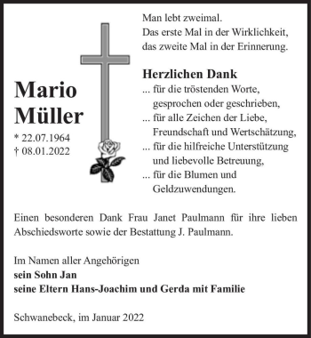 Traueranzeige von Mario Müller  von Magdeburger Volksstimme