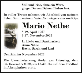 Traueranzeige von Mario Nethe  von Magdeburger Volksstimme