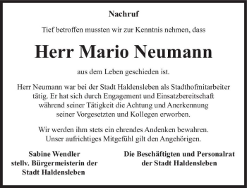 Traueranzeige von Mario Neumann  von Magdeburger Volksstimme