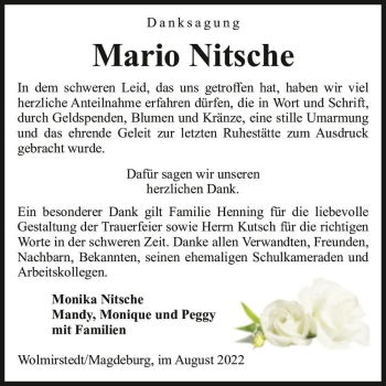 Traueranzeige von Mario Nitsche  von Magdeburger Volksstimme
