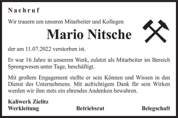 Traueranzeige von Mario Nitsche  von Magdeburger Volksstimme