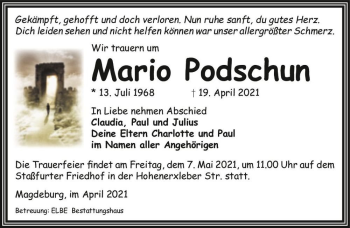 Traueranzeige von Mario Podschun  von Magdeburger Volksstimme