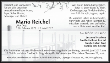 Traueranzeige von Mario Reichel  von Magdeburger Volksstimme