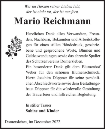 Traueranzeige von Mario Reichmann  von Magdeburger Volksstimme