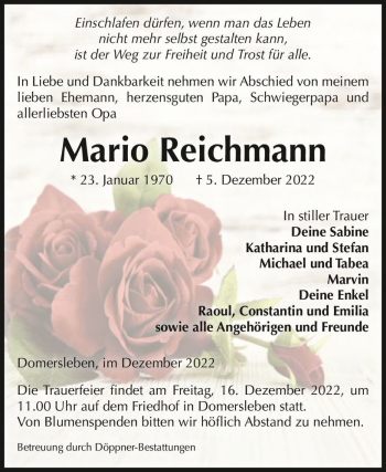 Traueranzeige von Mario Reichmann  von Magdeburger Volksstimme