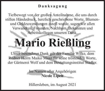 Traueranzeige von Mario Rießling  von Magdeburger Volksstimme