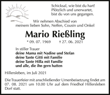 Traueranzeige von Mario Rießling  von Magdeburger Volksstimme
