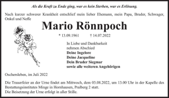 Traueranzeige von Mario Rönnpoch  von Magdeburger Volksstimme