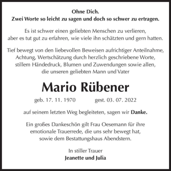 Traueranzeige von Mario Rübener  von Magdeburger Volksstimme