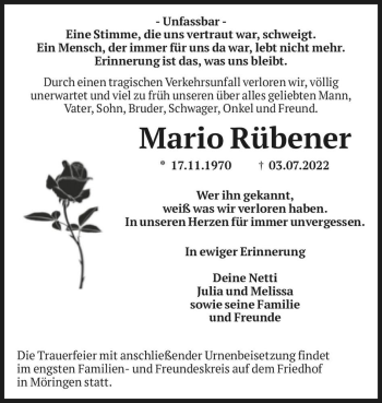 Traueranzeige von Mario Rübener  von Magdeburger Volksstimme