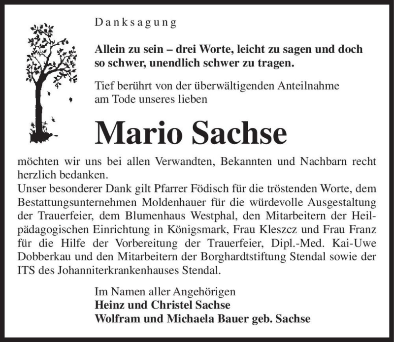  Traueranzeige für Mario Sachse  vom 20.10.2020 aus Magdeburger Volksstimme
