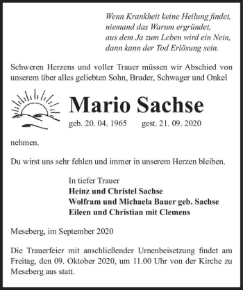 Traueranzeige von Mario Sachse  von Magdeburger Volksstimme